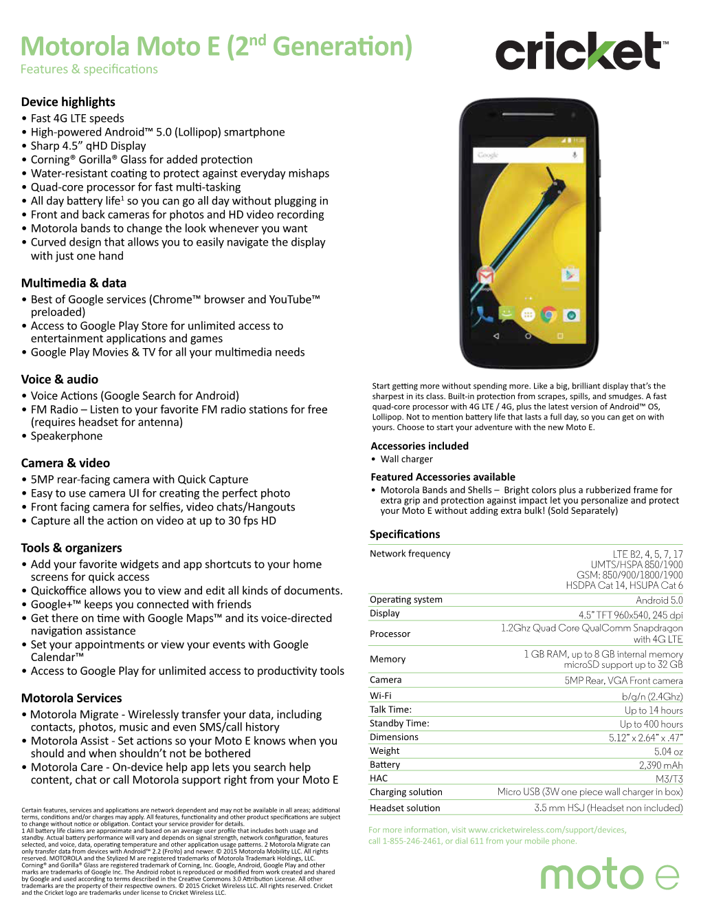 Motorola Moto E (2Nd Generation) Features & Speciﬁcations