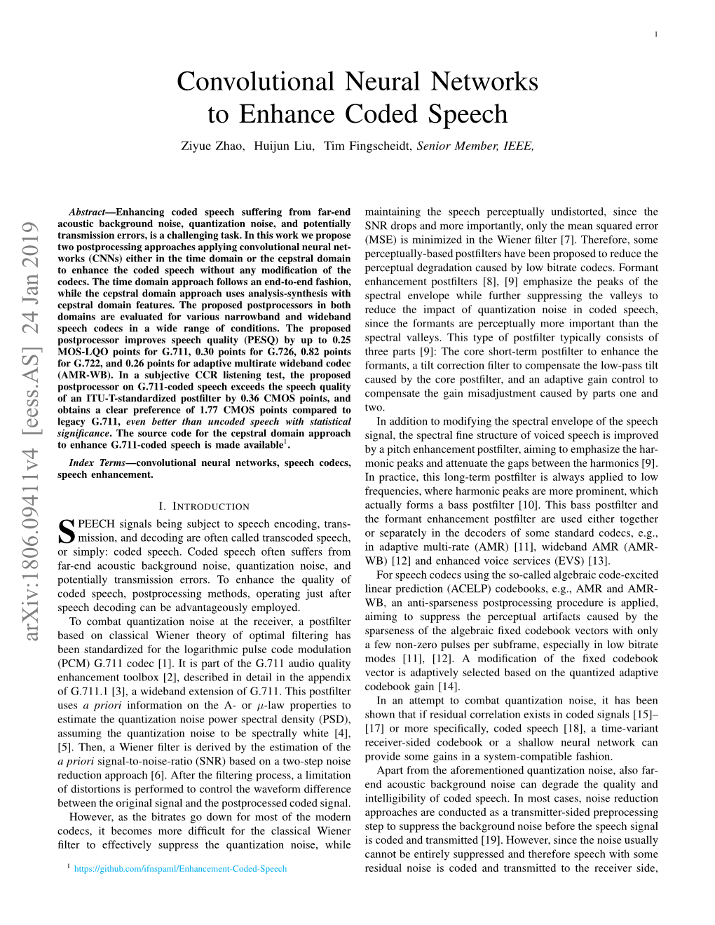 Convolutional Neural Networks to Enhance Coded Speech