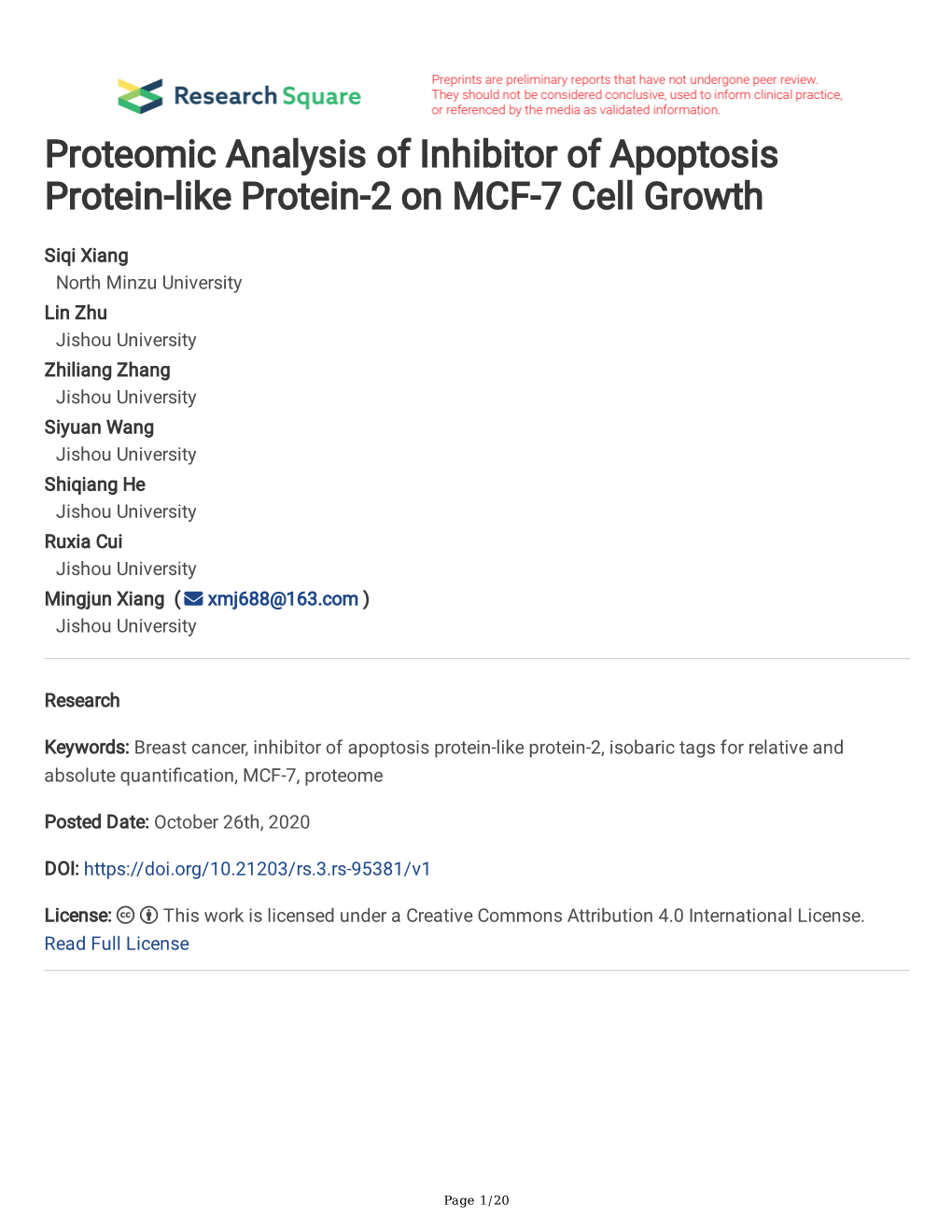 Proteomic Analysis of Inhibitor of Apoptosis Protein-Like Protein-2 on MCF-7 Cell Growth