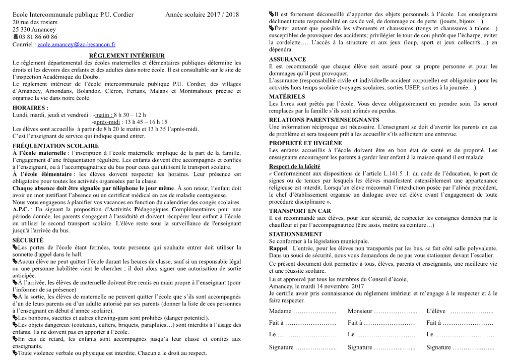 Ecole Intercommunale Publique PU Cordier Année Scolaire 2017 / 2018