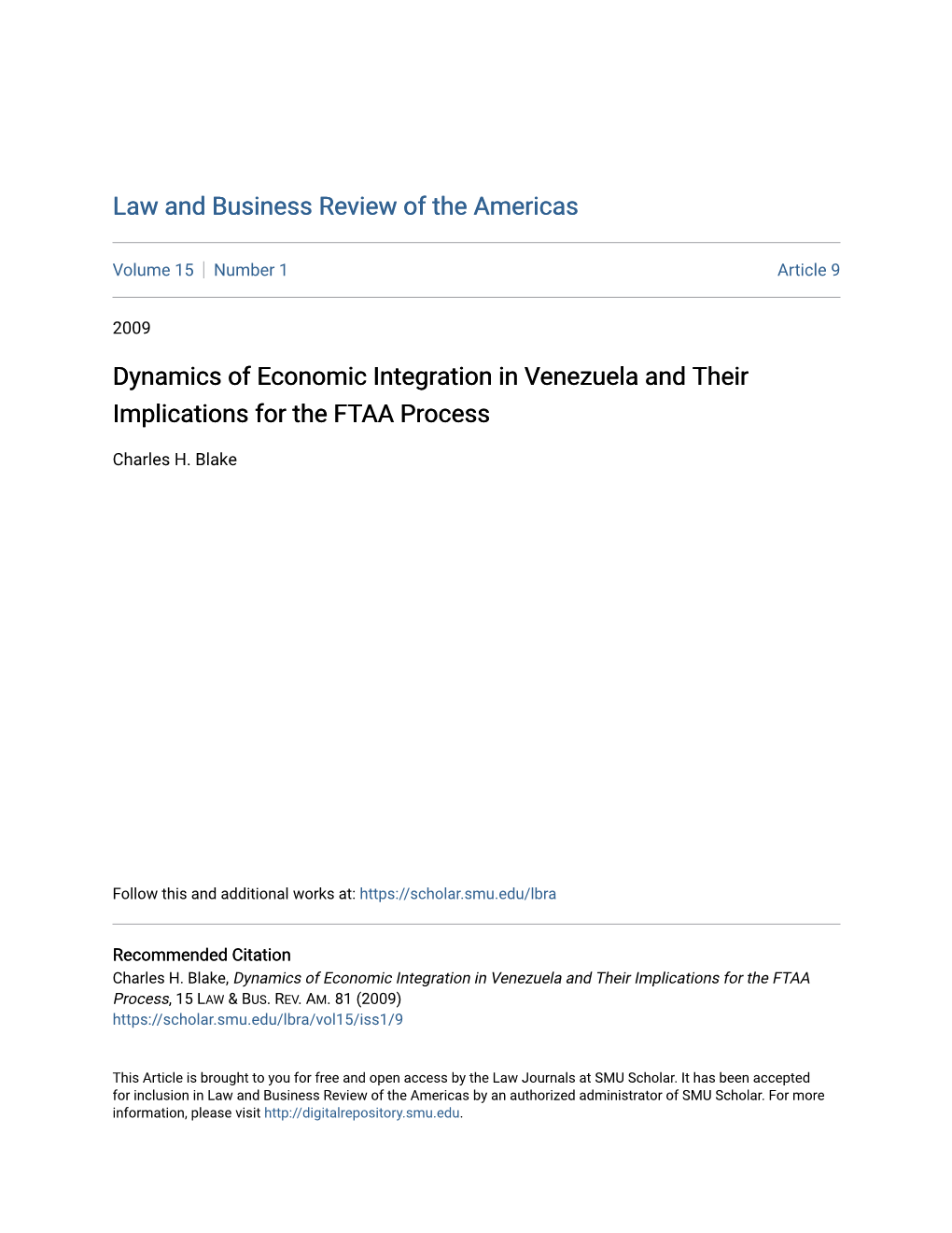 Dynamics of Economic Integration in Venezuela and Their Implications for the FTAA Process