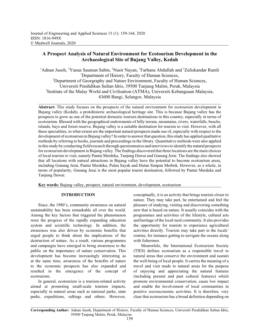 A Prospect Analysis of Natural Environment for Ecotourism Development in the Archaeological Site of Bujang Valley, Kedah