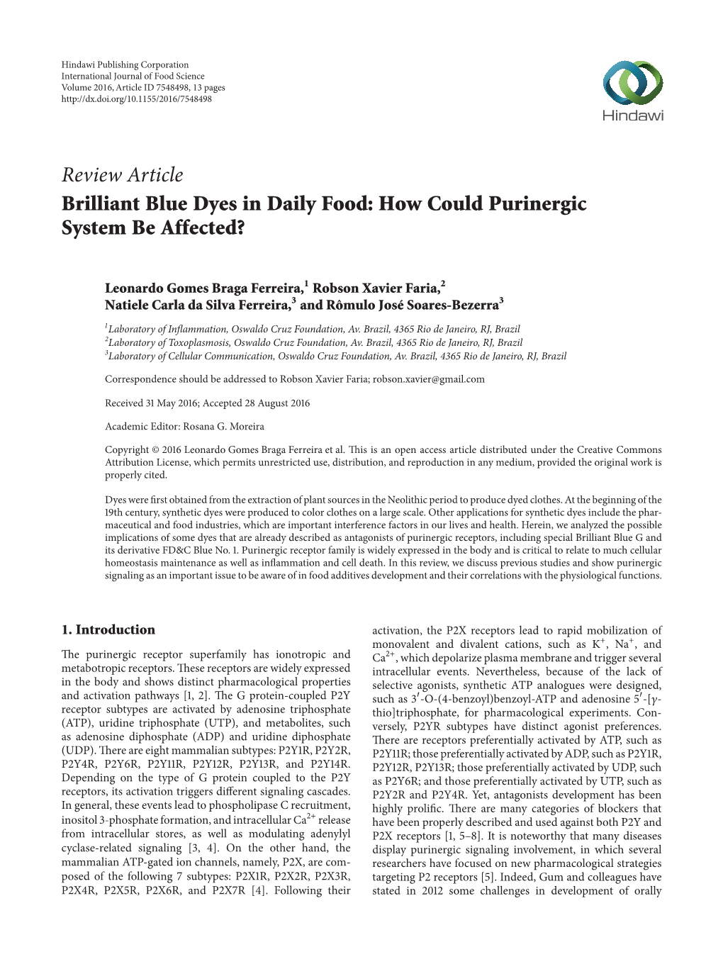 Brilliant Blue Dyes in Daily Food: How Could Purinergic System Be Affected?