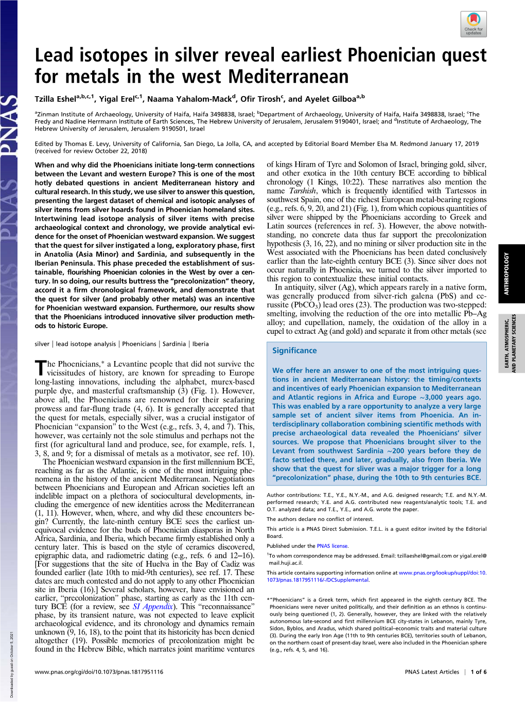 Lead Isotopes in Silver Reveal Earliest Phoenician Quest for Metals in the West Mediterranean