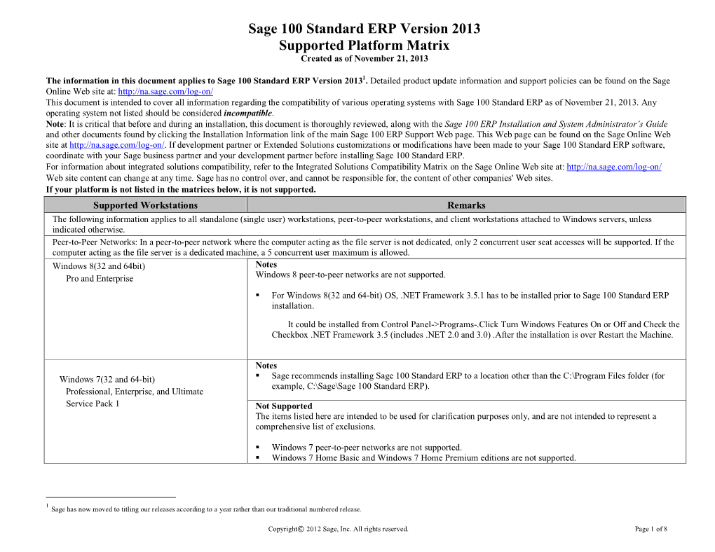 Sage 100 Standard ERP Version 2013 Supported Platform Matrix Created As of November 21, 2013