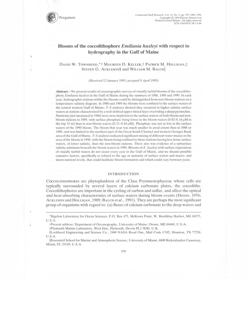 Blooms of the Coccolithophore Emiliania Huxleyi with Respect to Hydrography in the Gulf of Maine