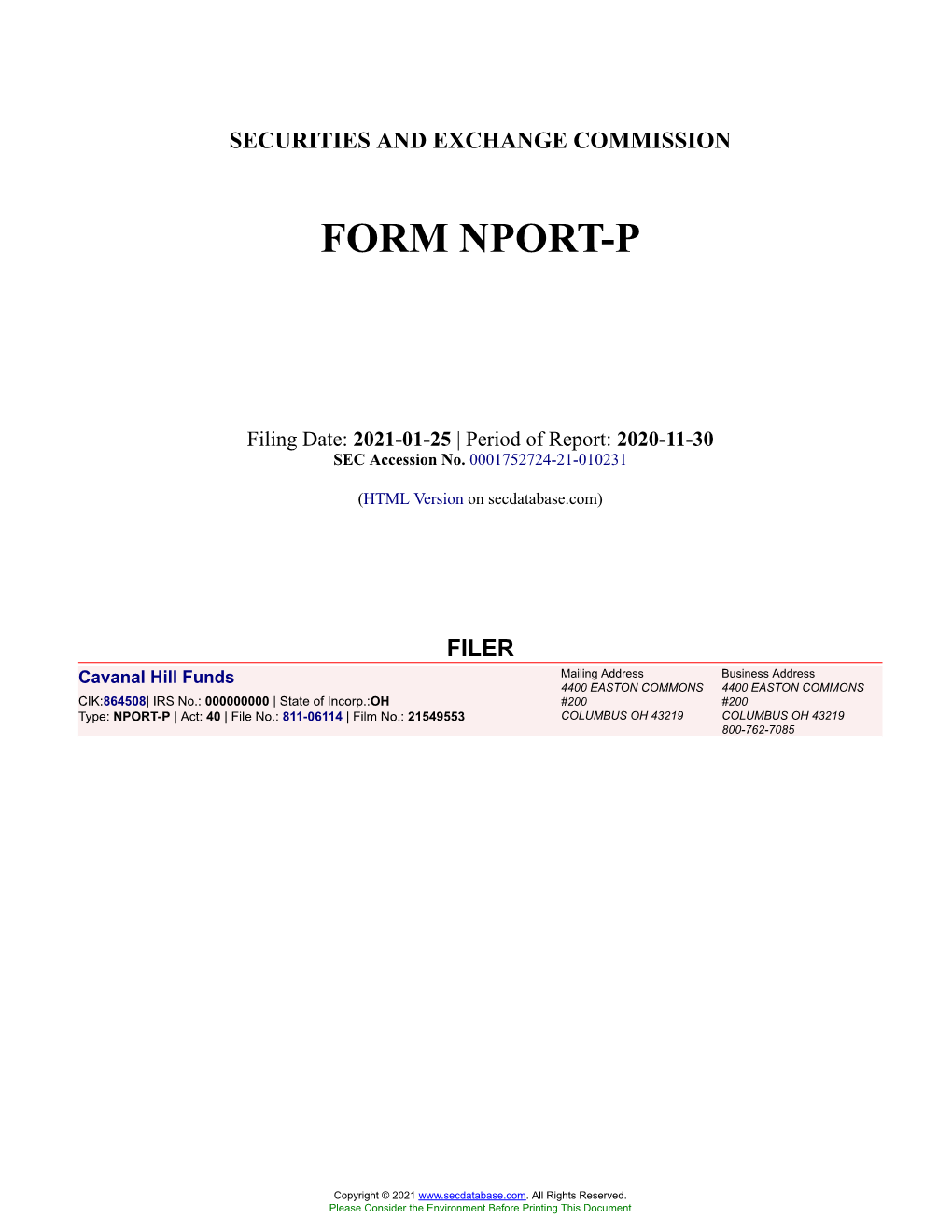 Cavanal Hill Funds Form NPORT-P Filed 2021-01-25