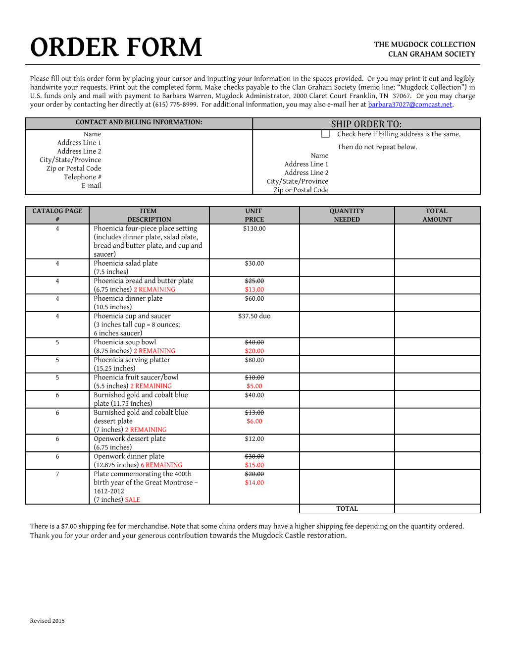 Mugdock Castle Order Form;