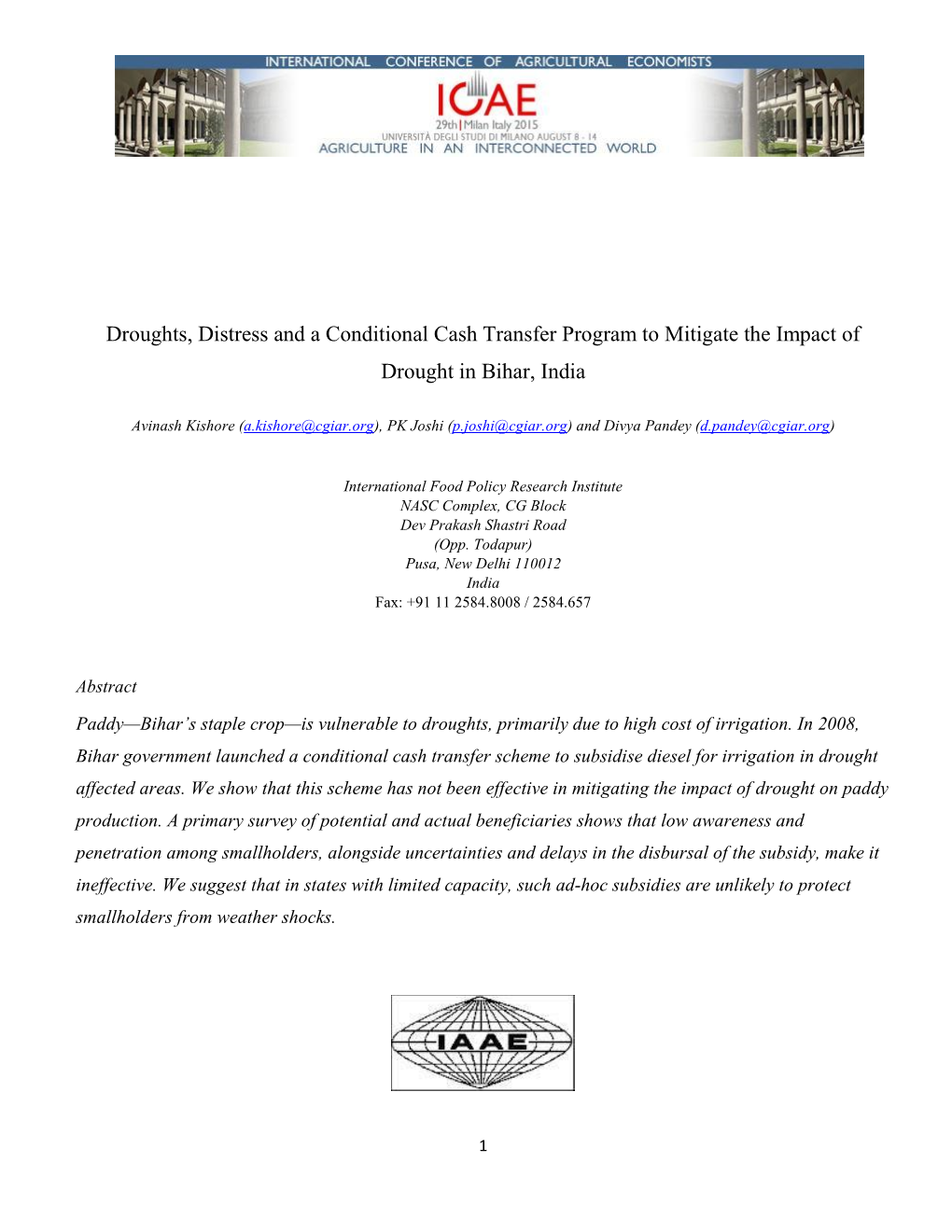 Droughts, Distress and a Conditional Cash Transfer Program to Mitigate the Impact of Drought in Bihar, India