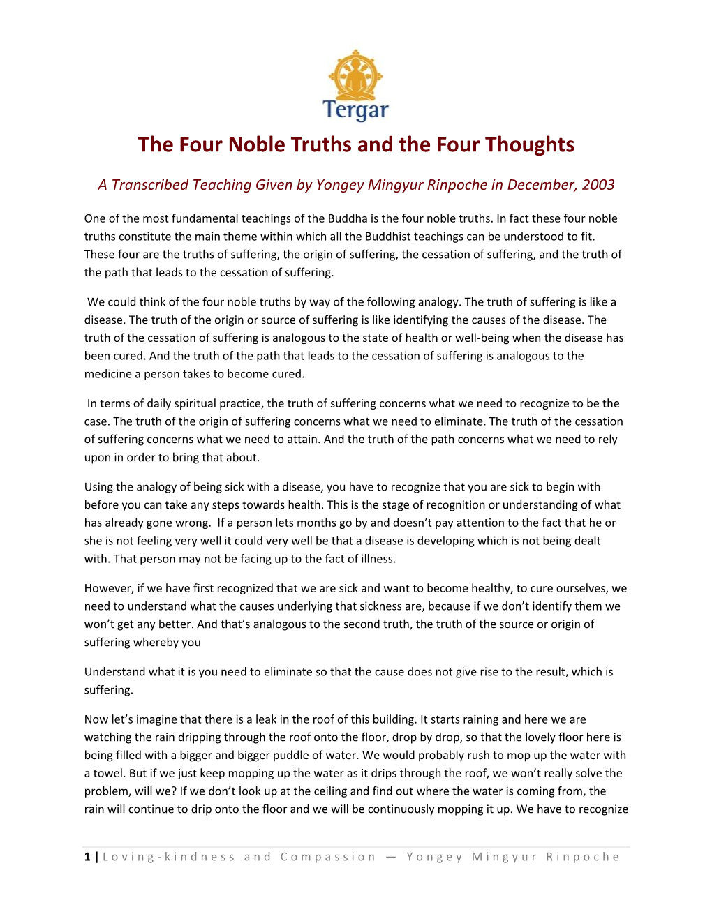 The Four Noble Truths and the Four Thoughts