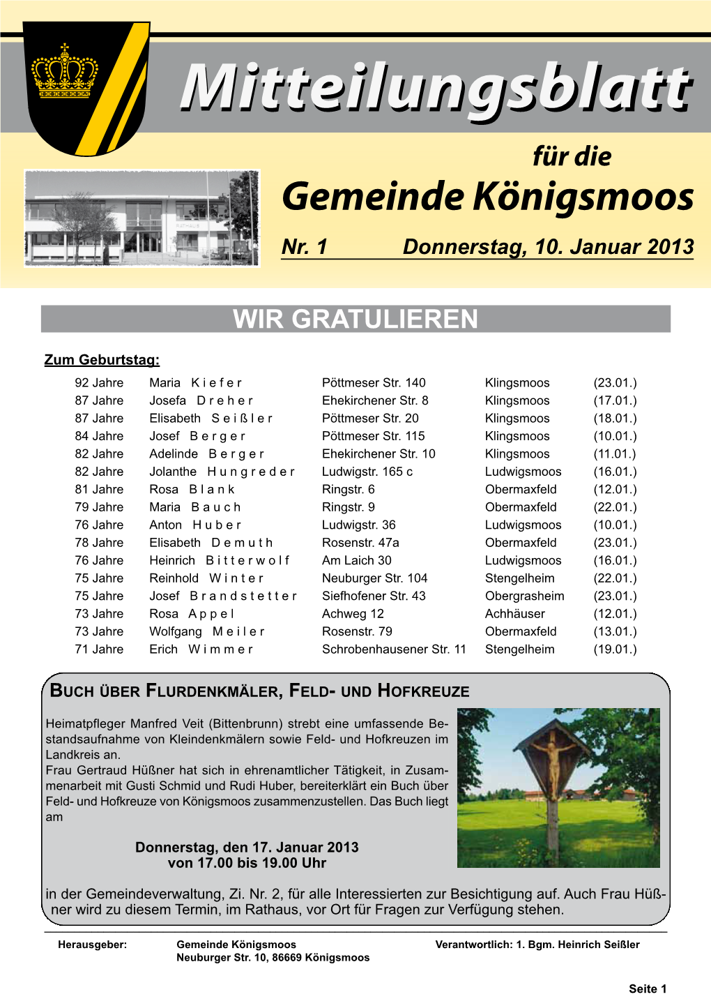 Mitteilungsblatt Für Die Gemeinde Königsmoos Nr