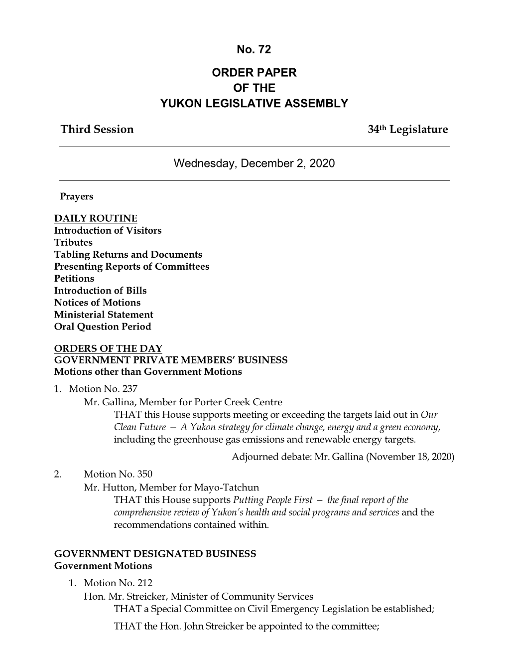 Order Paper of the Yukon Legislative Assembly