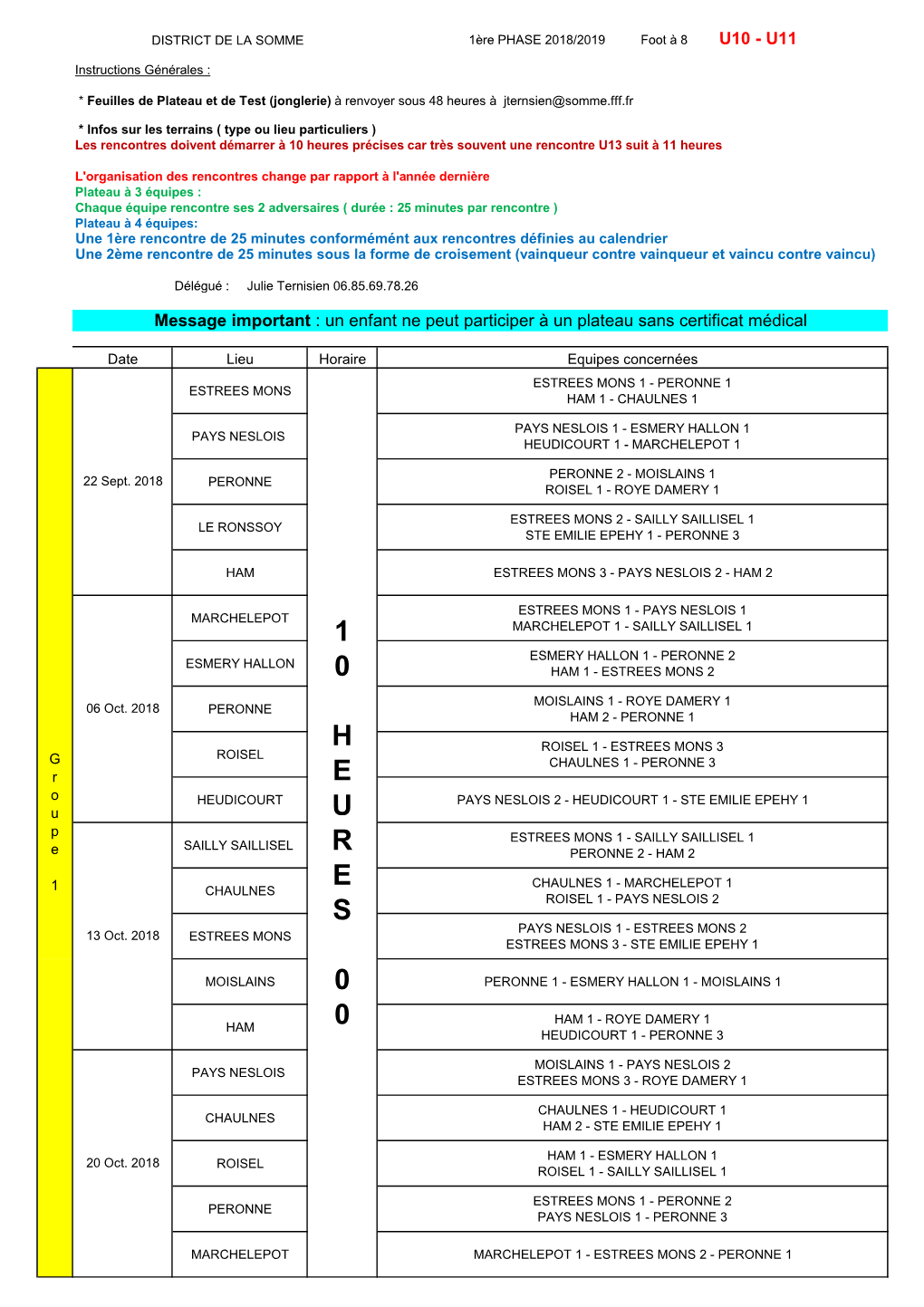 1Ère Phase 2018-2019 Calendrier Foot À 8 U10-U11 Groupe 1