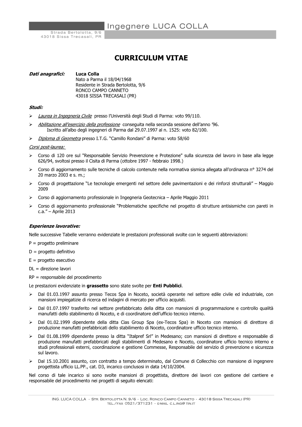 Ingegnere LUCA COLLA CURRICULUM VITAE