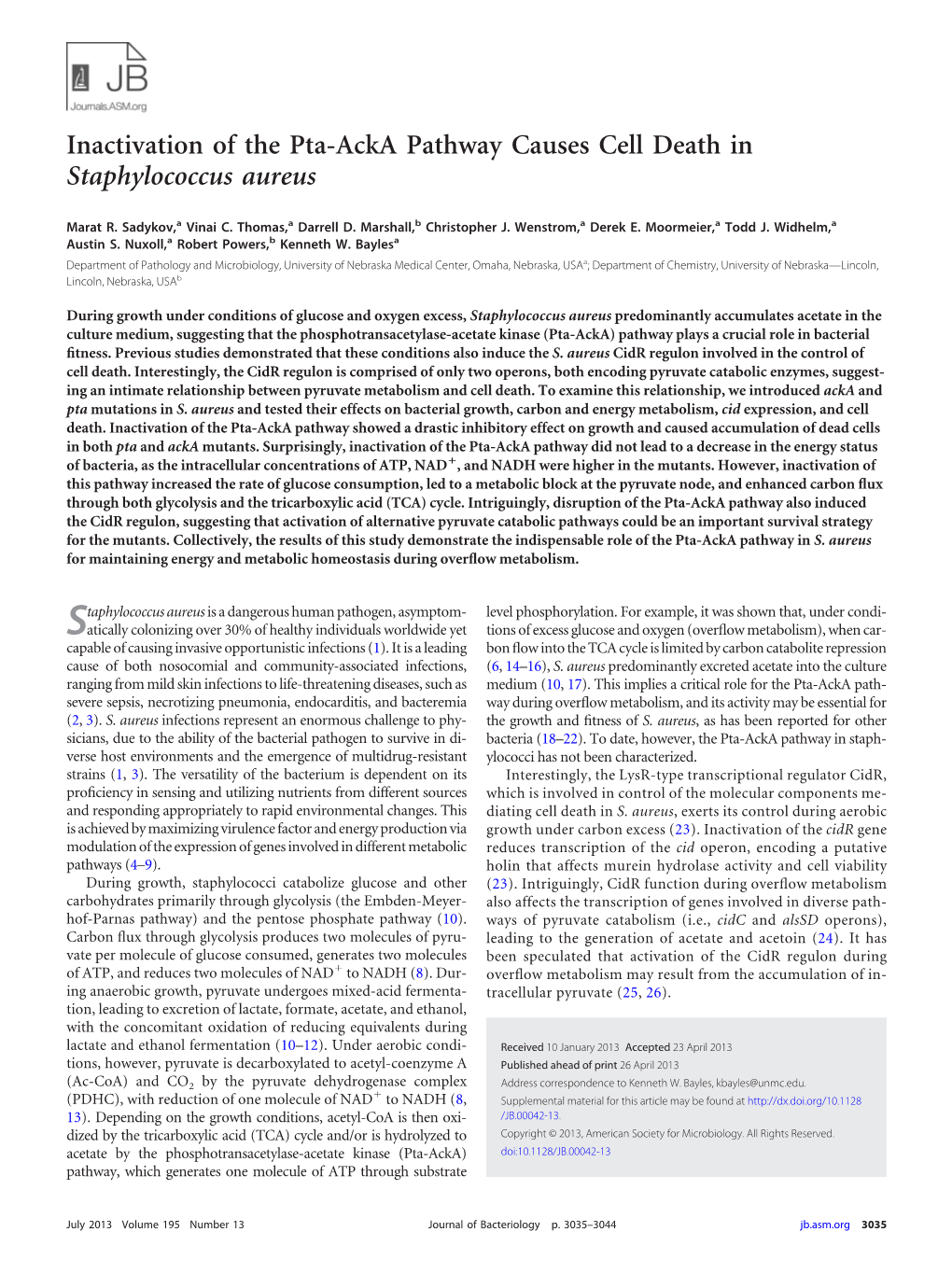 Inactivation of the Pta-Acka Pathway Causes Cell Death in Staphylococcus Aureus