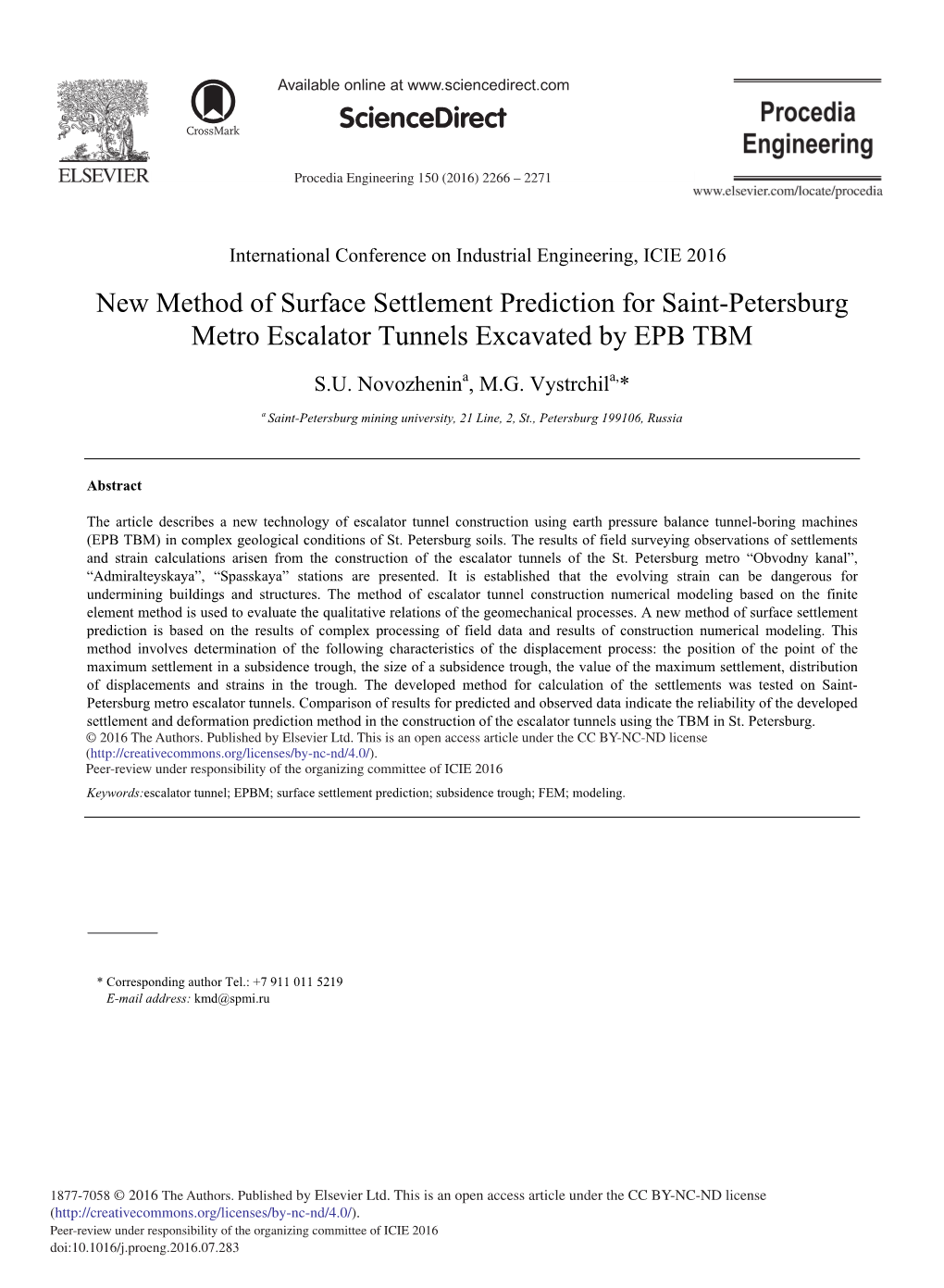 New Method of Surface Settlement Prediction for Saint-Petersburg Metro Escalator Tunnels Excavated by EPB TBM