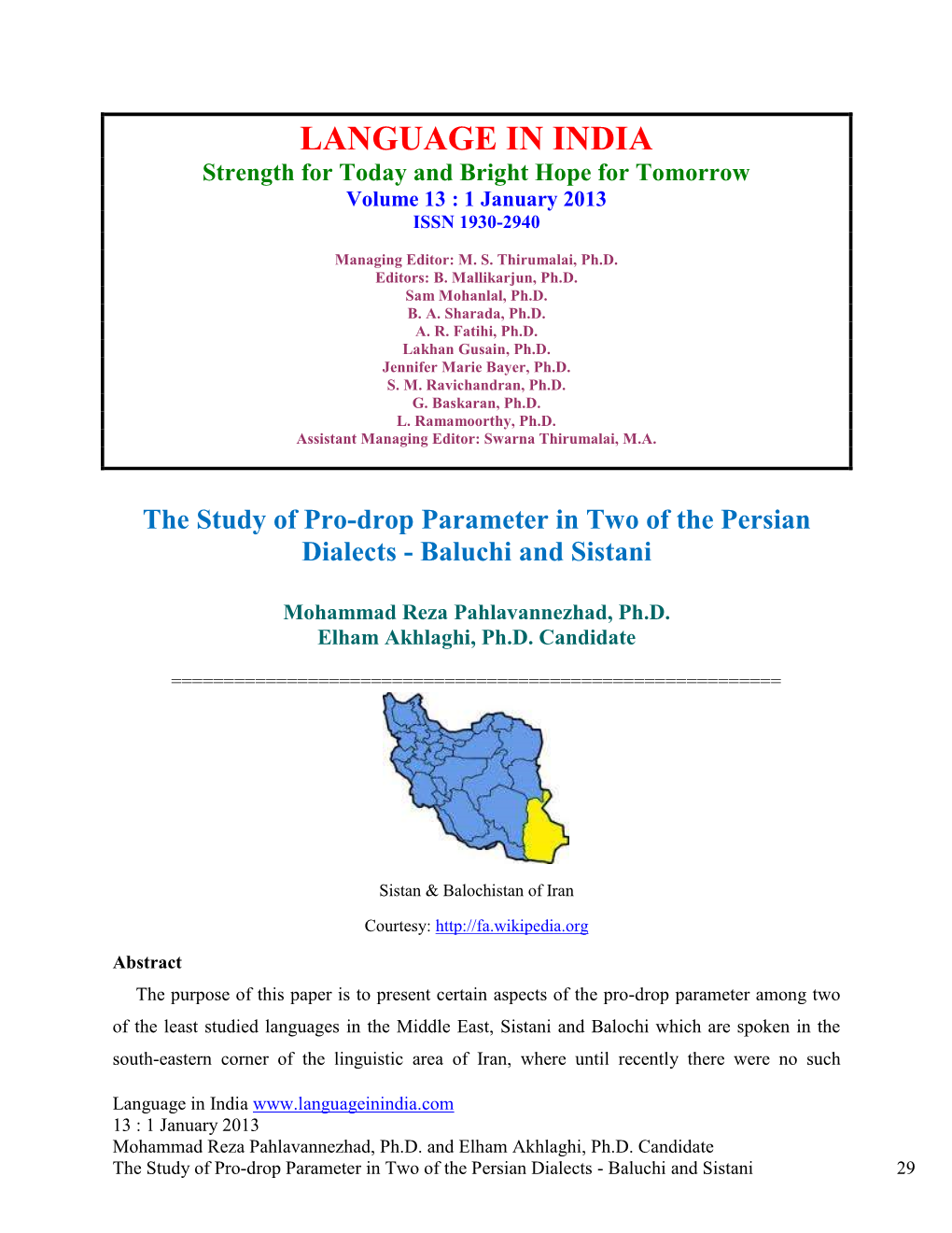 The Study of Pro-Drop Parameter in Two of the Persian Dialects-Baluchi