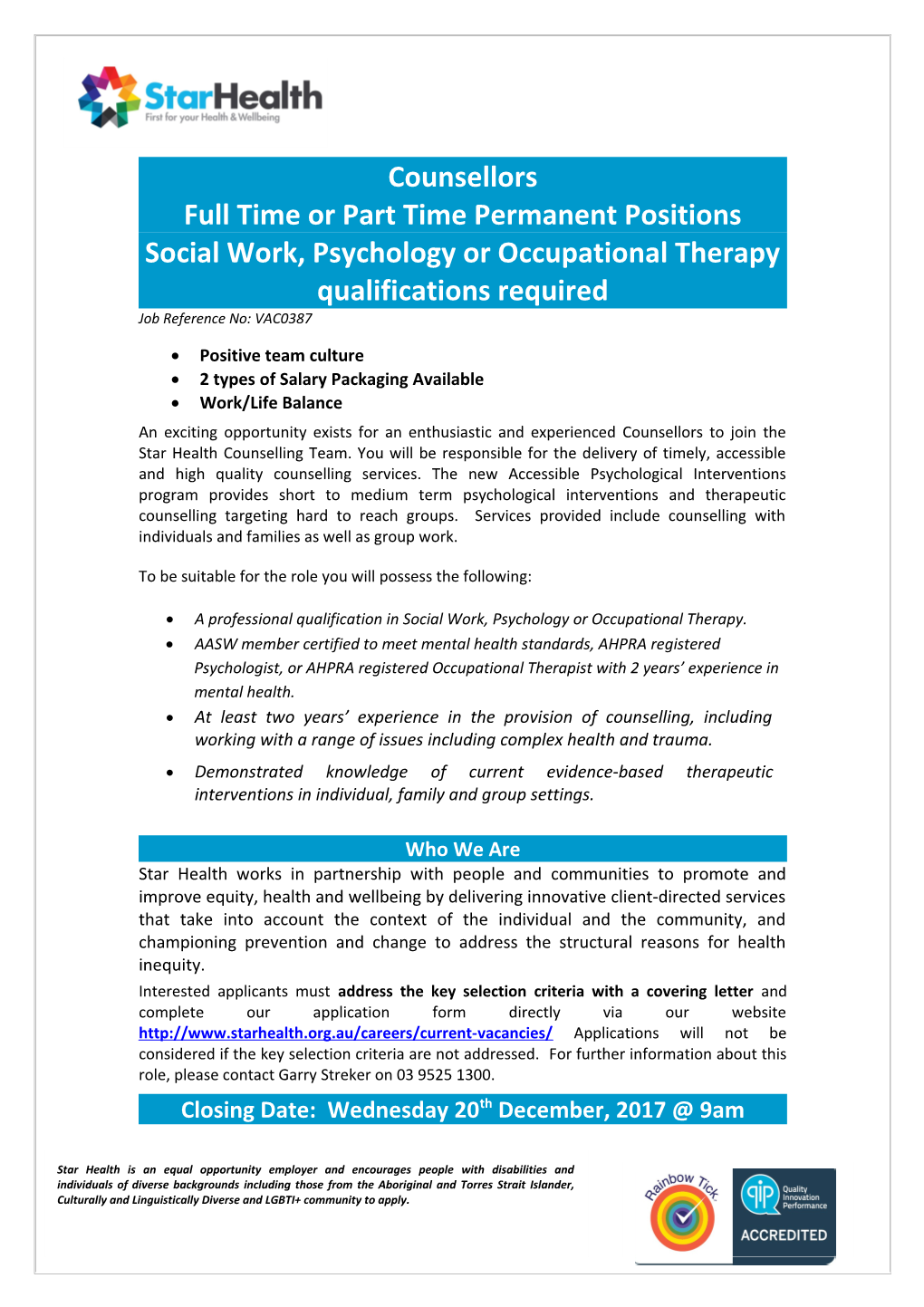 Full Time Or Part Time Permanent Positions