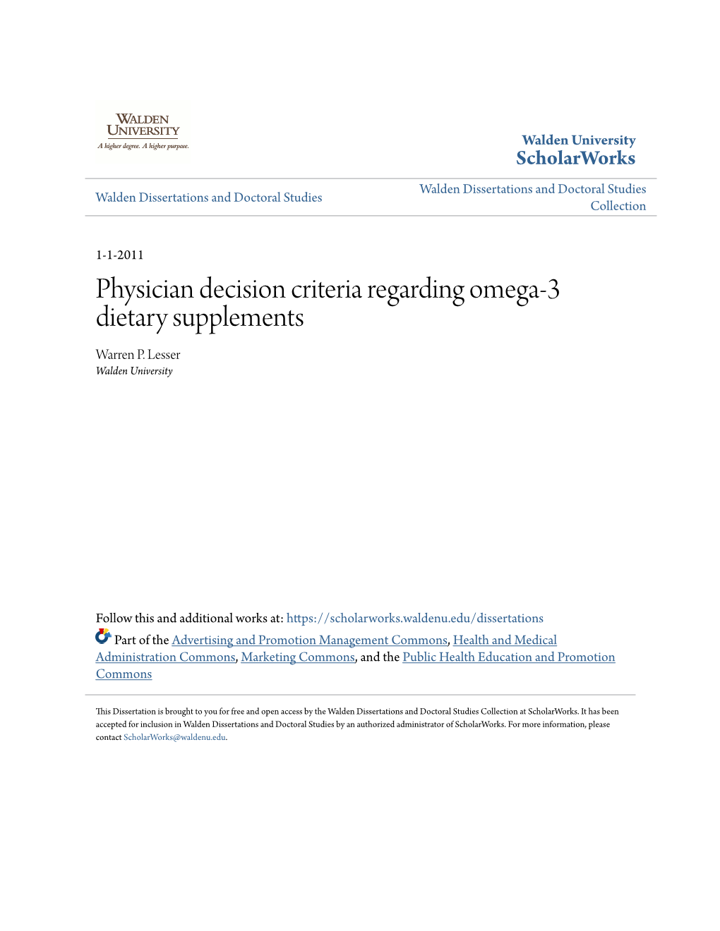 Physician Decision Criteria Regarding Omega-3 Dietary Supplements Warren P