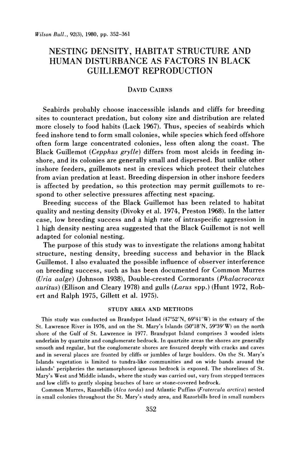 Nesting Density, Habitat Structure and Human Disturbance As Factors in Black Guillemot Reproduction