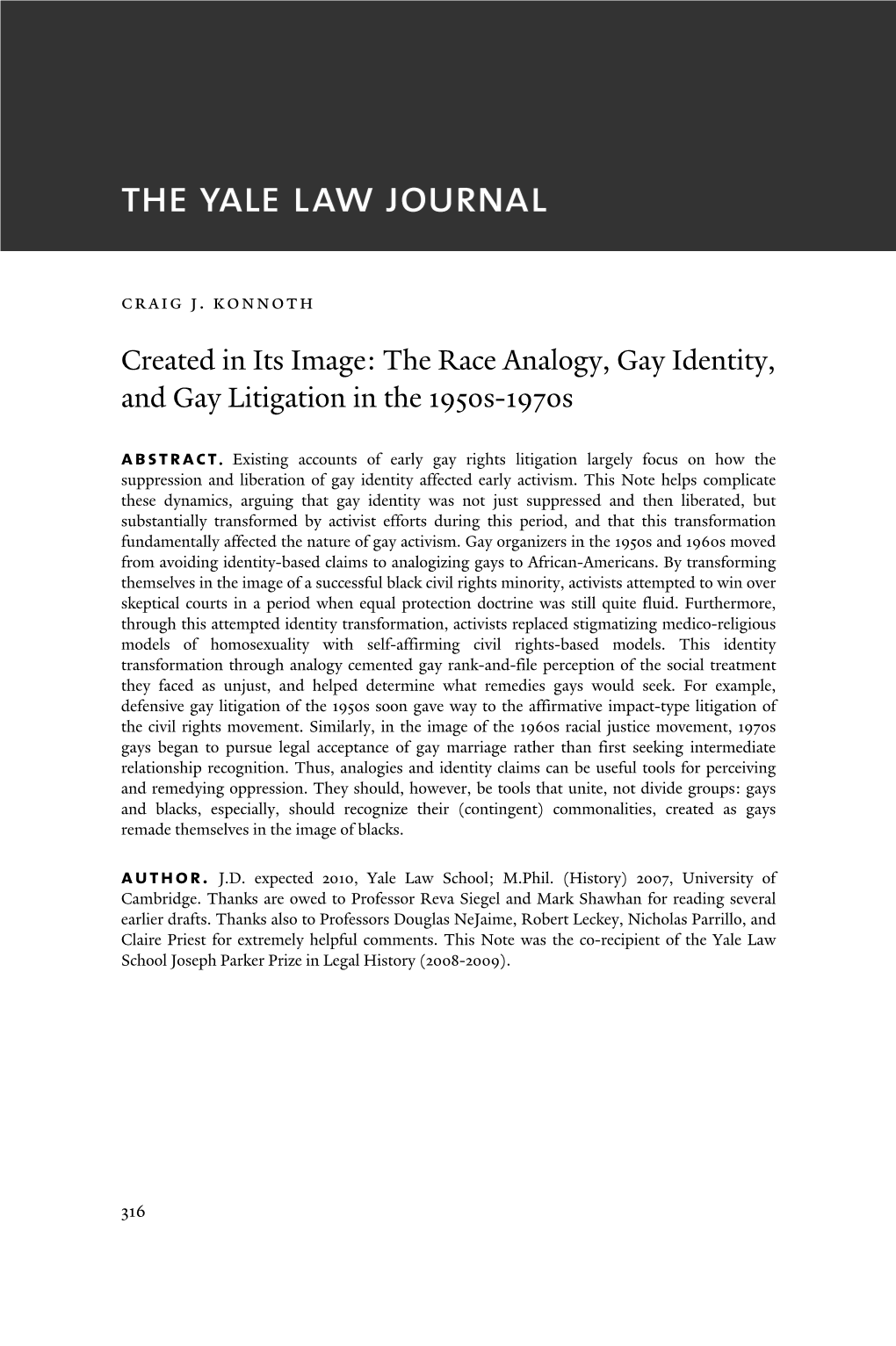 The Race Analogy, Gay Identity, and Gay Litigation in the 1950S-1970S Abstract