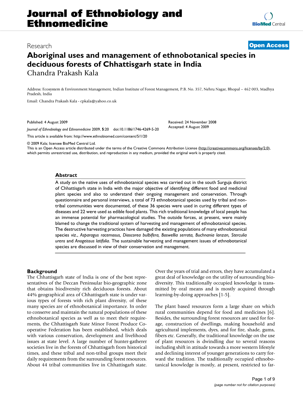 Aboriginal Uses and Management of Ethnobotanical Species in Deciduous Forests of Chhattisgarh State in India Chandra Prakash Kala