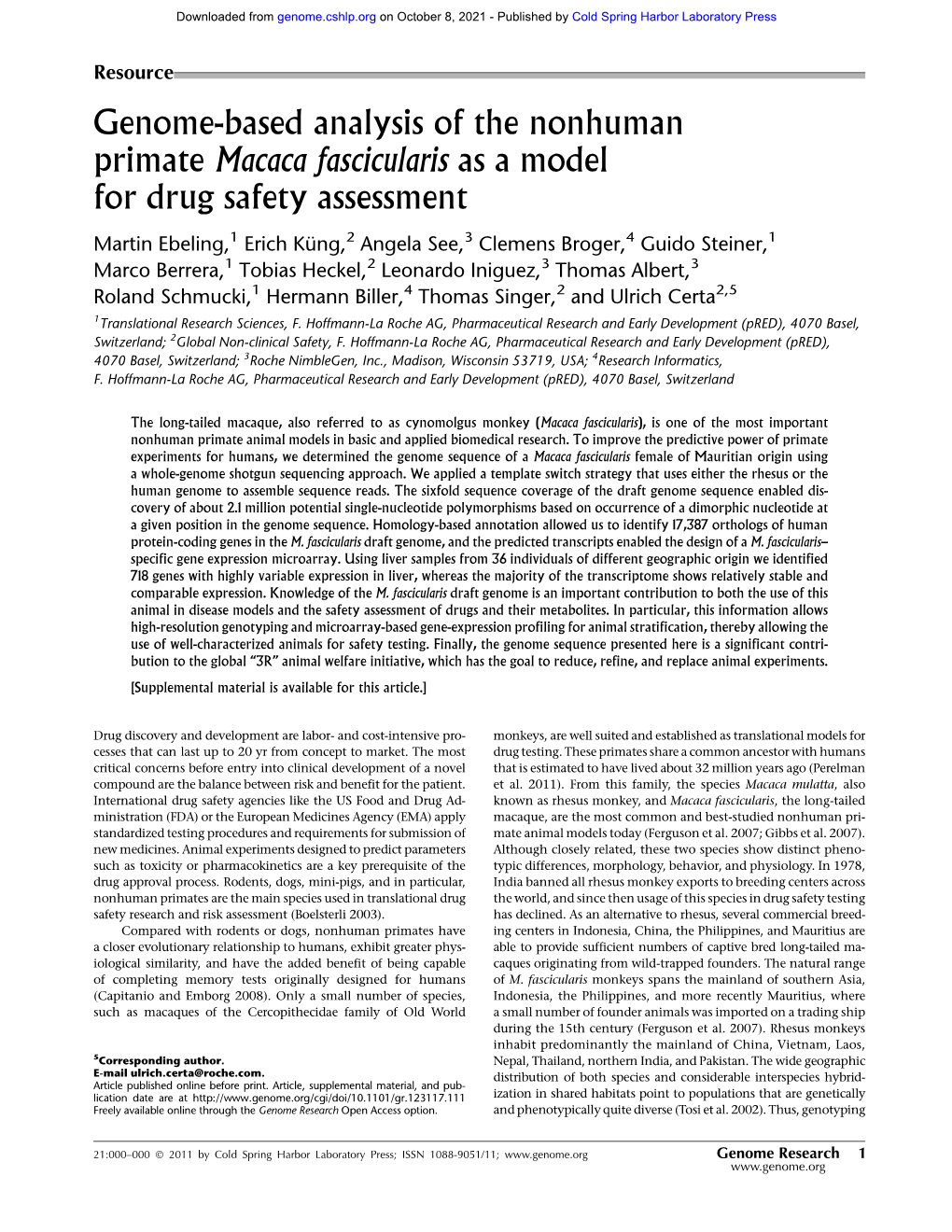 Genome-Based Analysis of the Nonhuman Primate Macaca Fascicularis As a Model for Drug Safety Assessment