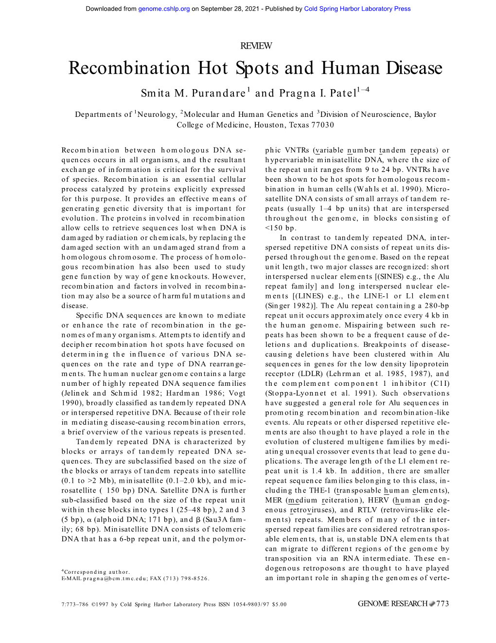 Recombination Hot Spots and Human Disease Smita M