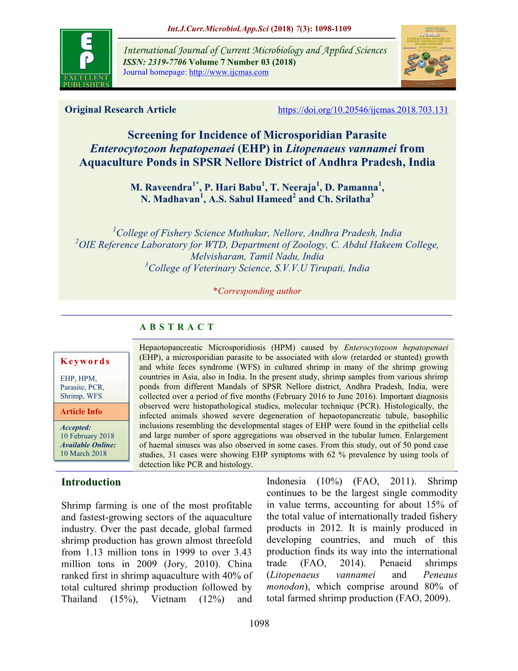 Screening for Incidence of Microsporidian Parasite Enterocytozoon Hepatopenaei (EHP) in Litopenaeus Vannamei from Aquaculture P