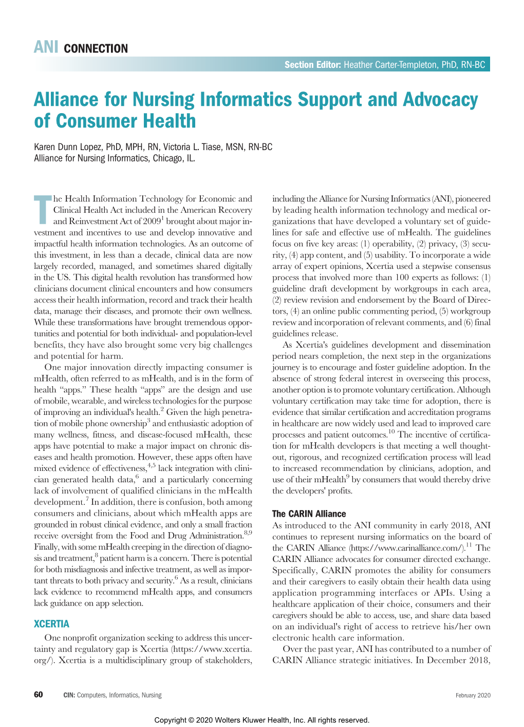 Alliance for Nursing Informatics Support and Advocacy of Consumer Health