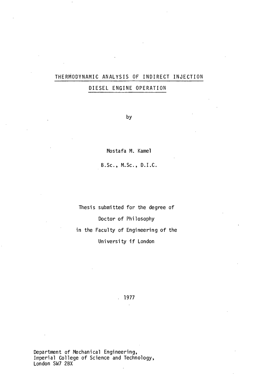 Thermodynamic Analysis of Indirect Injection Diesel