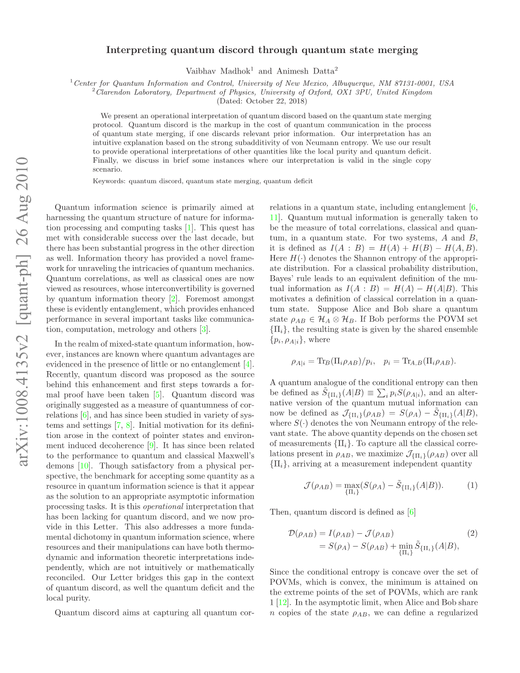 Arxiv:1008.4135V2 [Quant-Ph] 26 Aug 2010 Fqatmdsod Swl H Unu Ectadthe Context and Deﬁcit the Quantum in the Purity