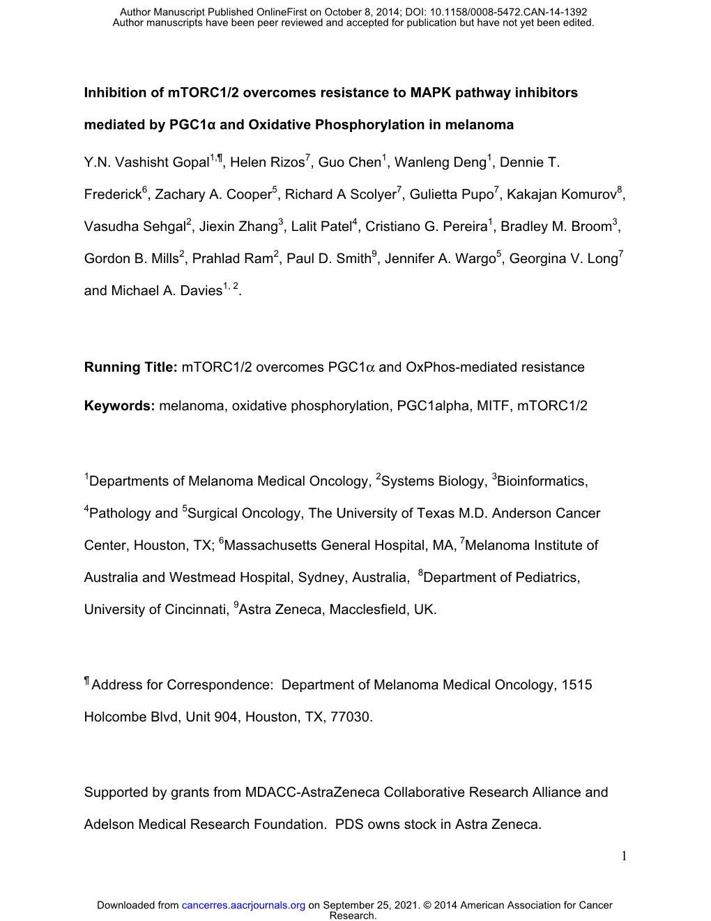 1 Inhibition of Mtorc1/2 Overcomes Resistance to MAPK Pathway