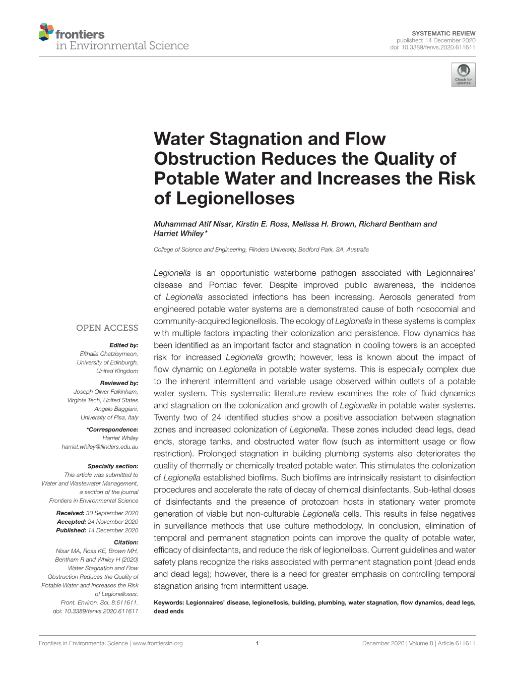 Water Stagnation and Flow Obstruction Reduces the Quality of Potable Water and Increases the Risk of Legionelloses