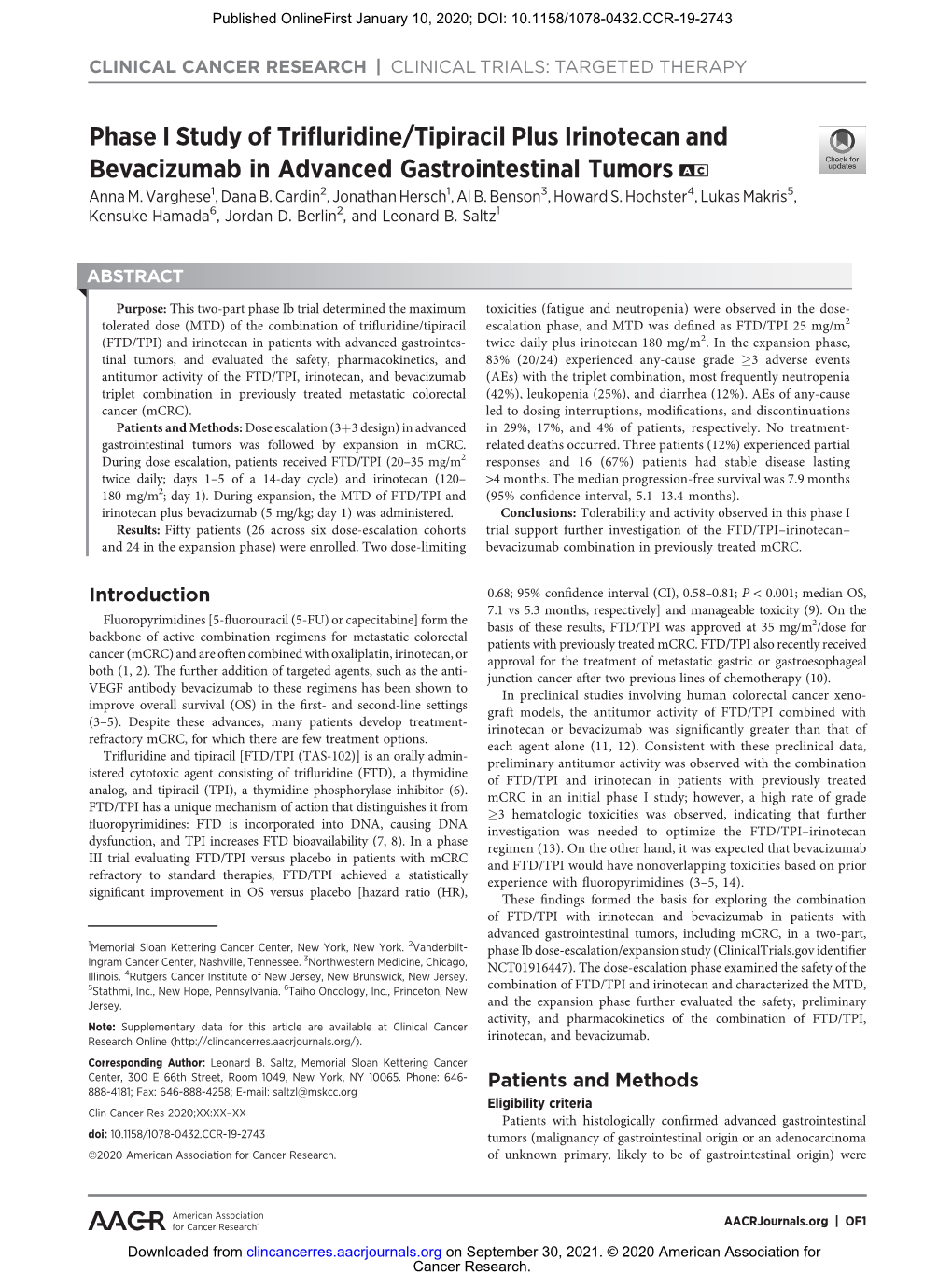 Phase I Study of Trifluridine/Tipiracil Plus Irinotecan and Bevacizumab in Advanced Gastrointestinal Tumors