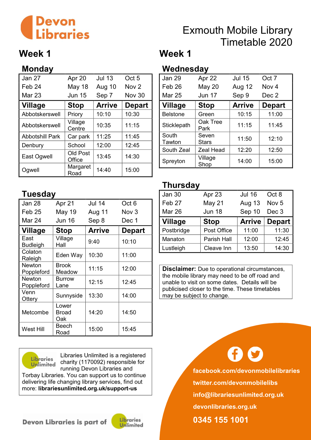 Exmouth Mobile Library Timetable 2020