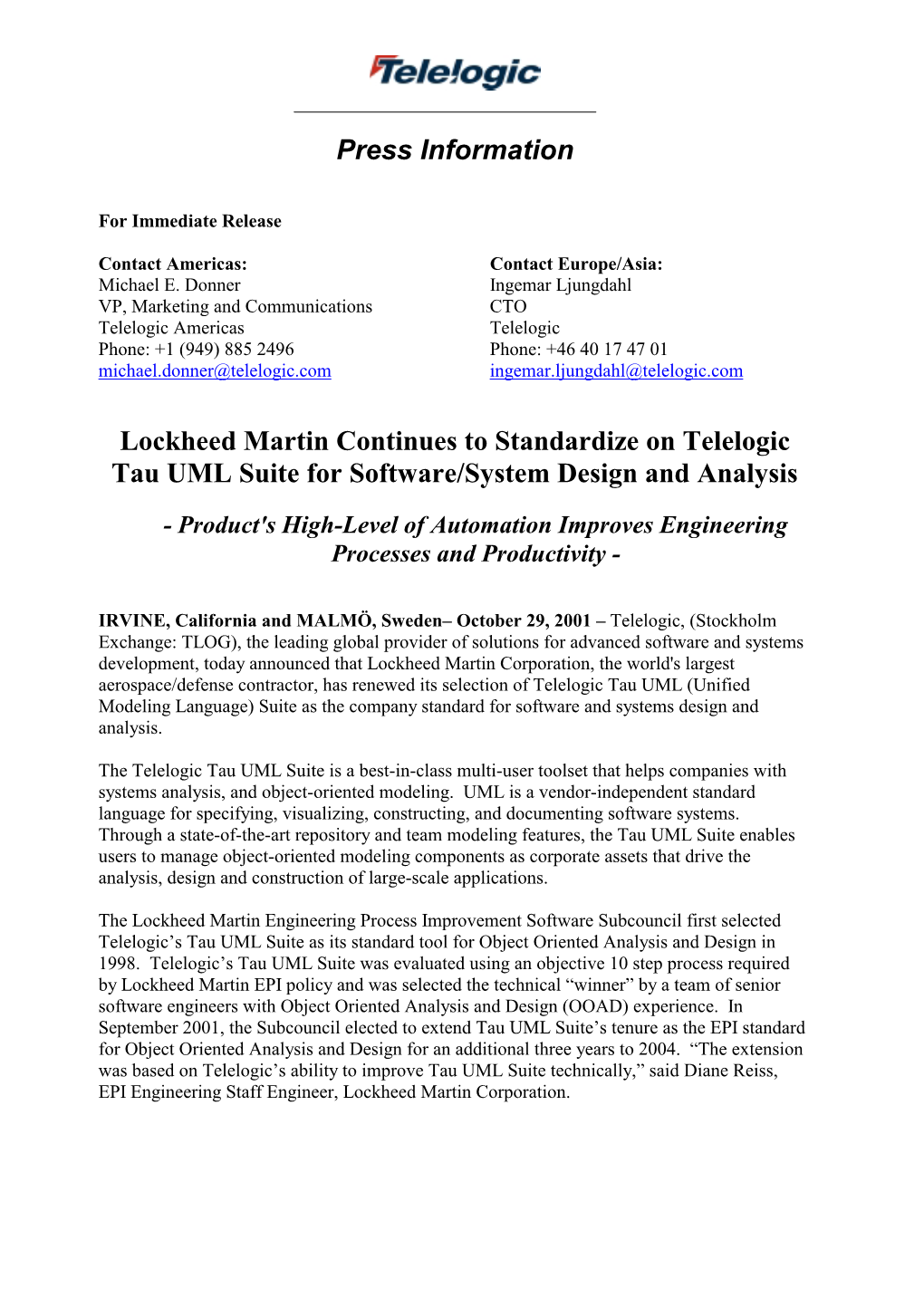 Lockheed Martin Continues to Standardize on Telelogic Tau UML Suite for Software/System Design and Analysis