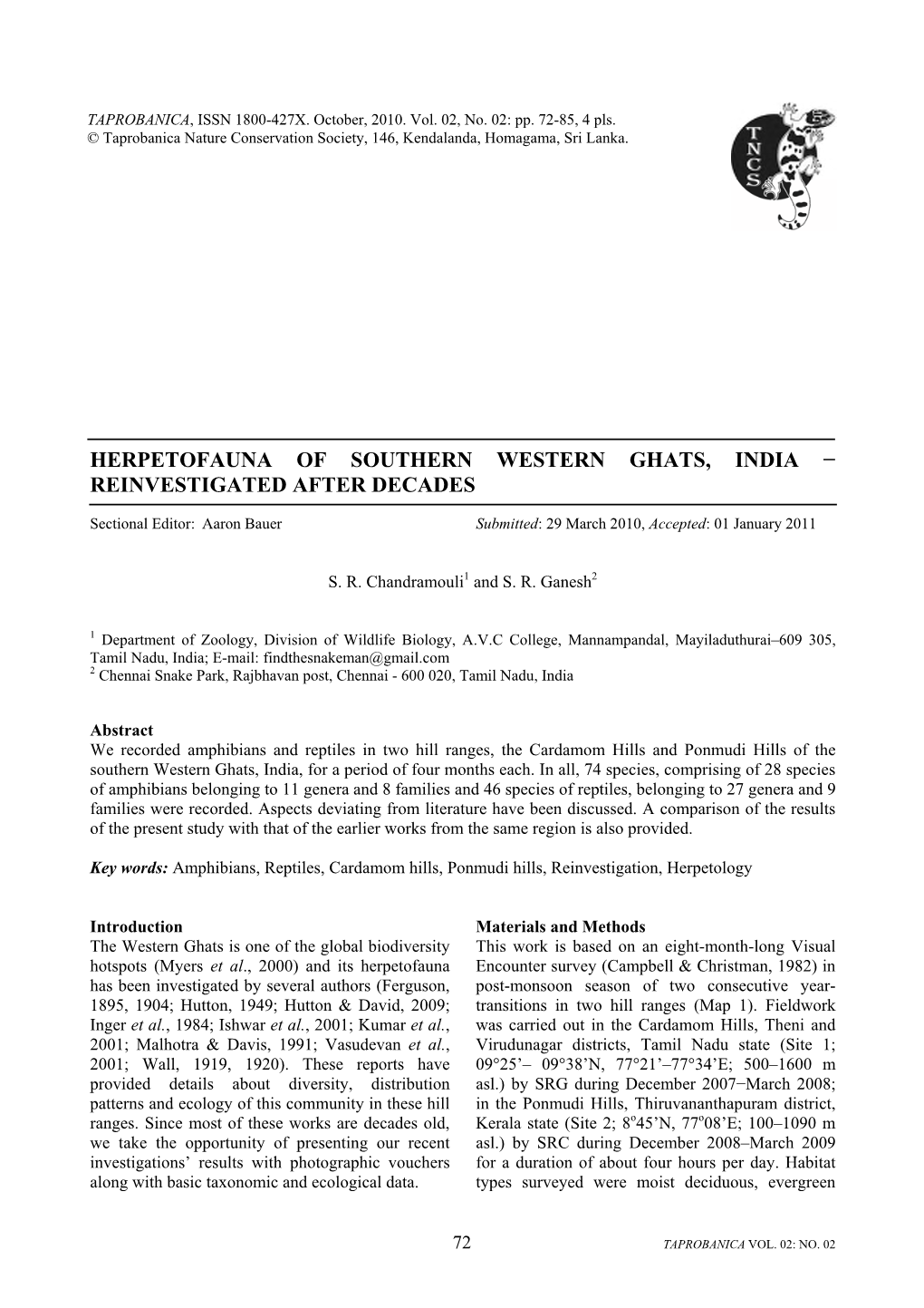 Herpetofauna of Southern Western Ghats, India − Reinvestigated After Decades