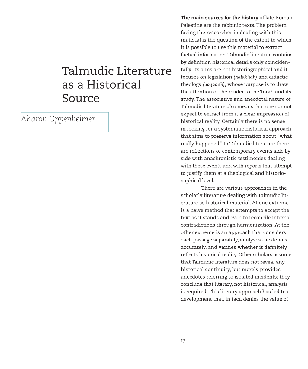 Talmudic Literature As a Historical Source