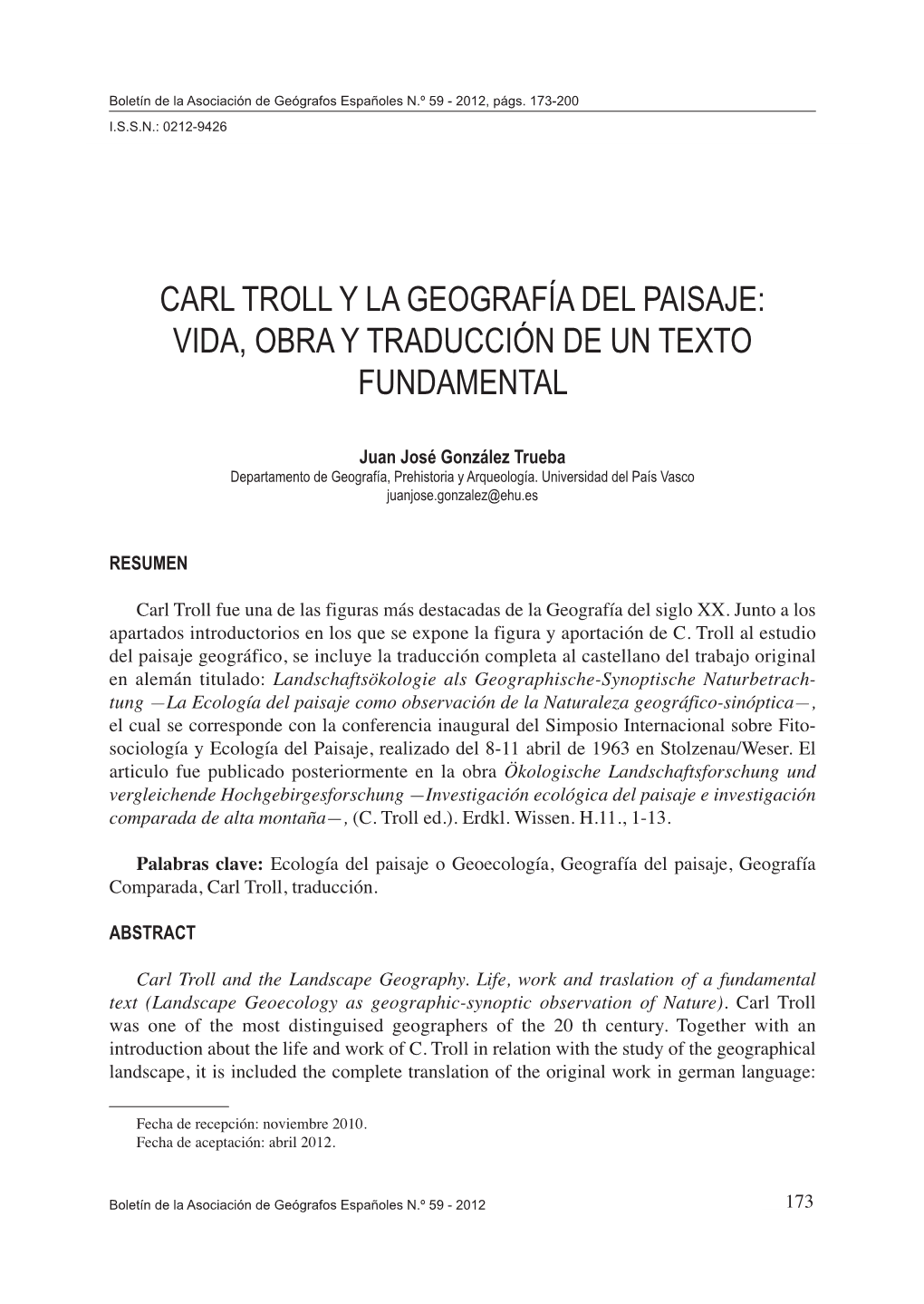 Carl Troll Y La Geografía Del Paisaje: Vida, Obra Y Traducción De Un Texto Fundamental