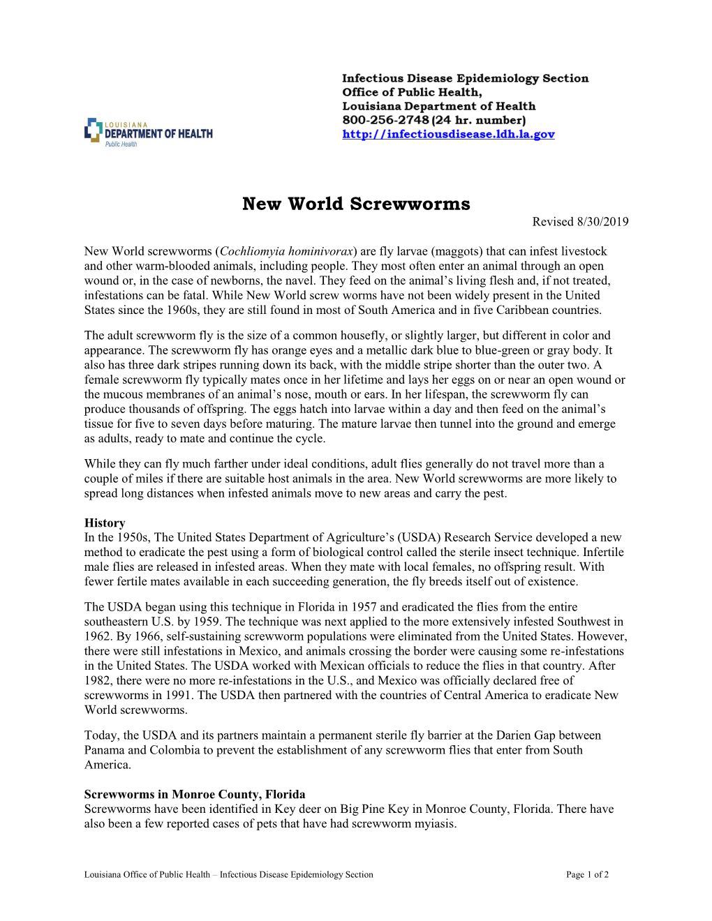 New World Screwworms Revised 8/30/2019