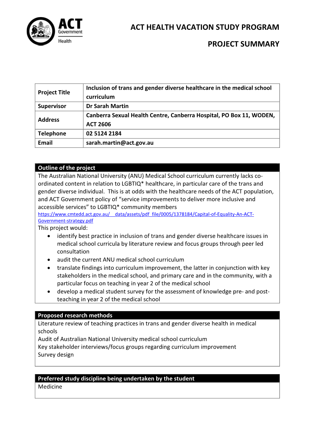 Act Health Vacation Study Program Project Summary