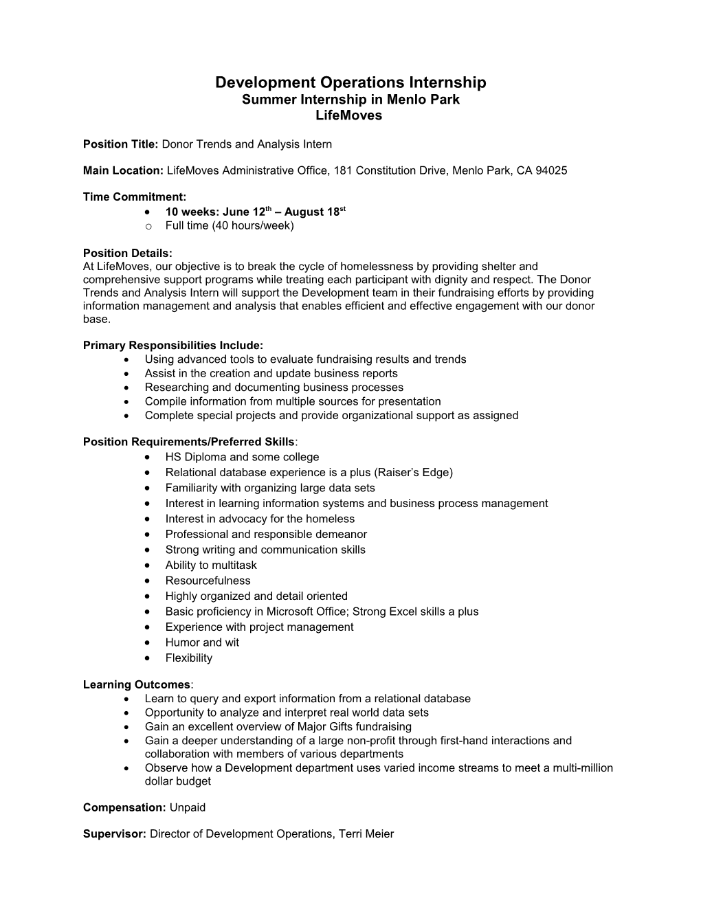 Summer Internship in Menlo Park