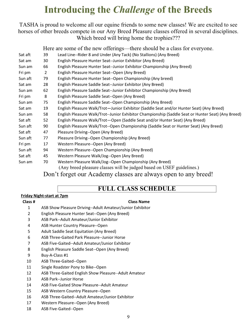 Full Class Schedule