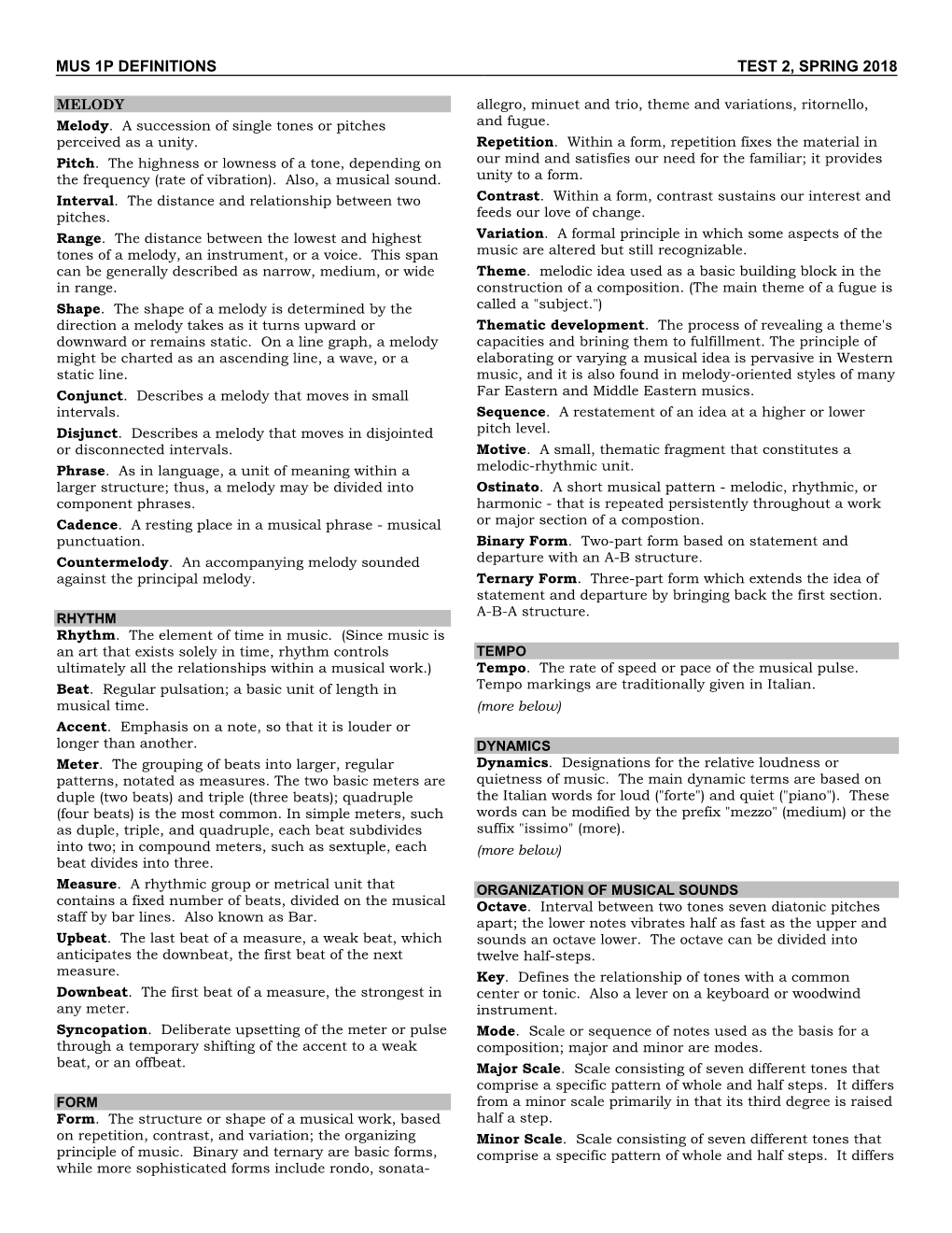 Mus 1P Definitions. Test 2