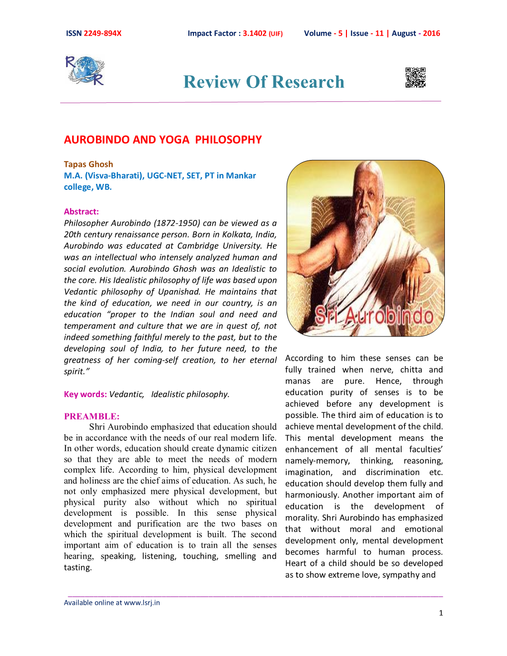 Review of Research AUROBINDO and YOGA PHILOSOPHY