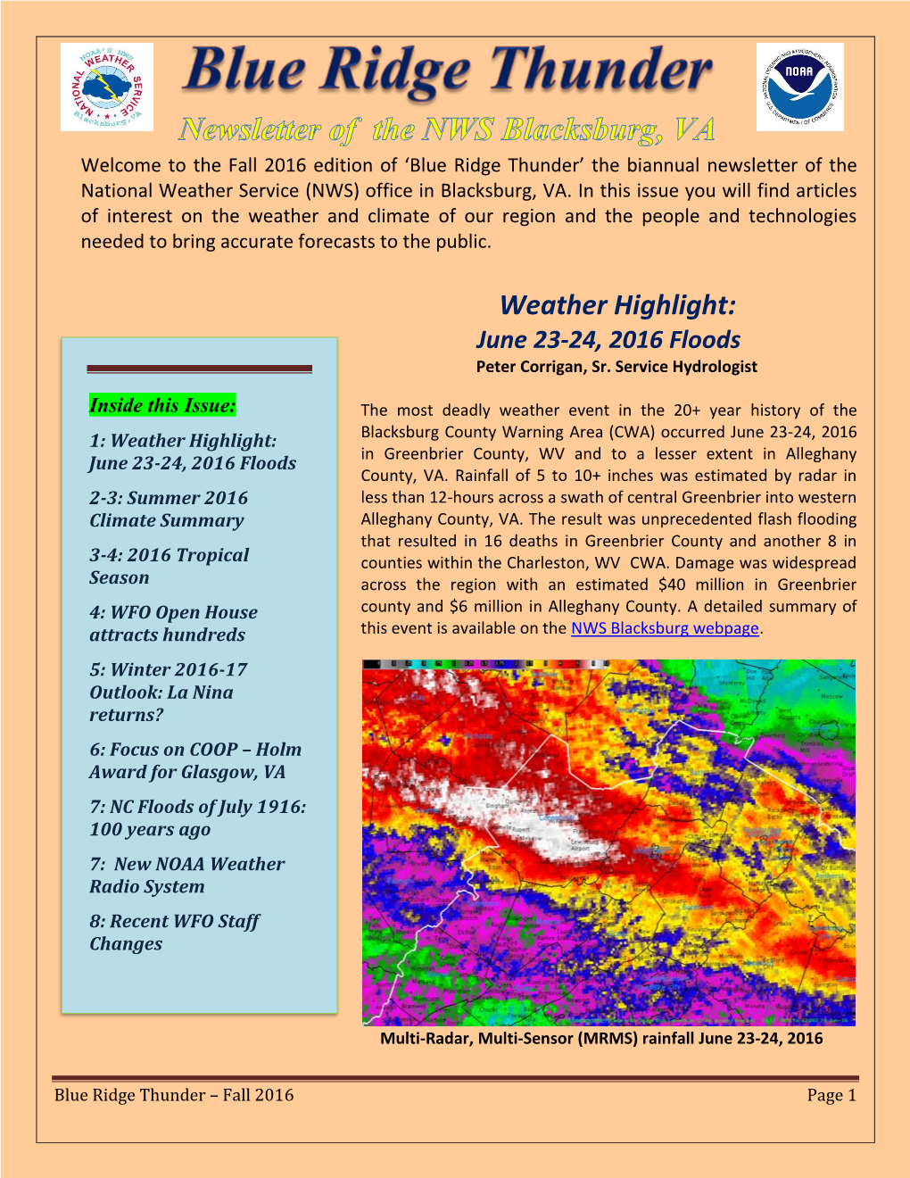 Blue Ridge Thunder’ the Biannual Newsletter of the National Weather Service (NWS) Office in Blacksburg, VA