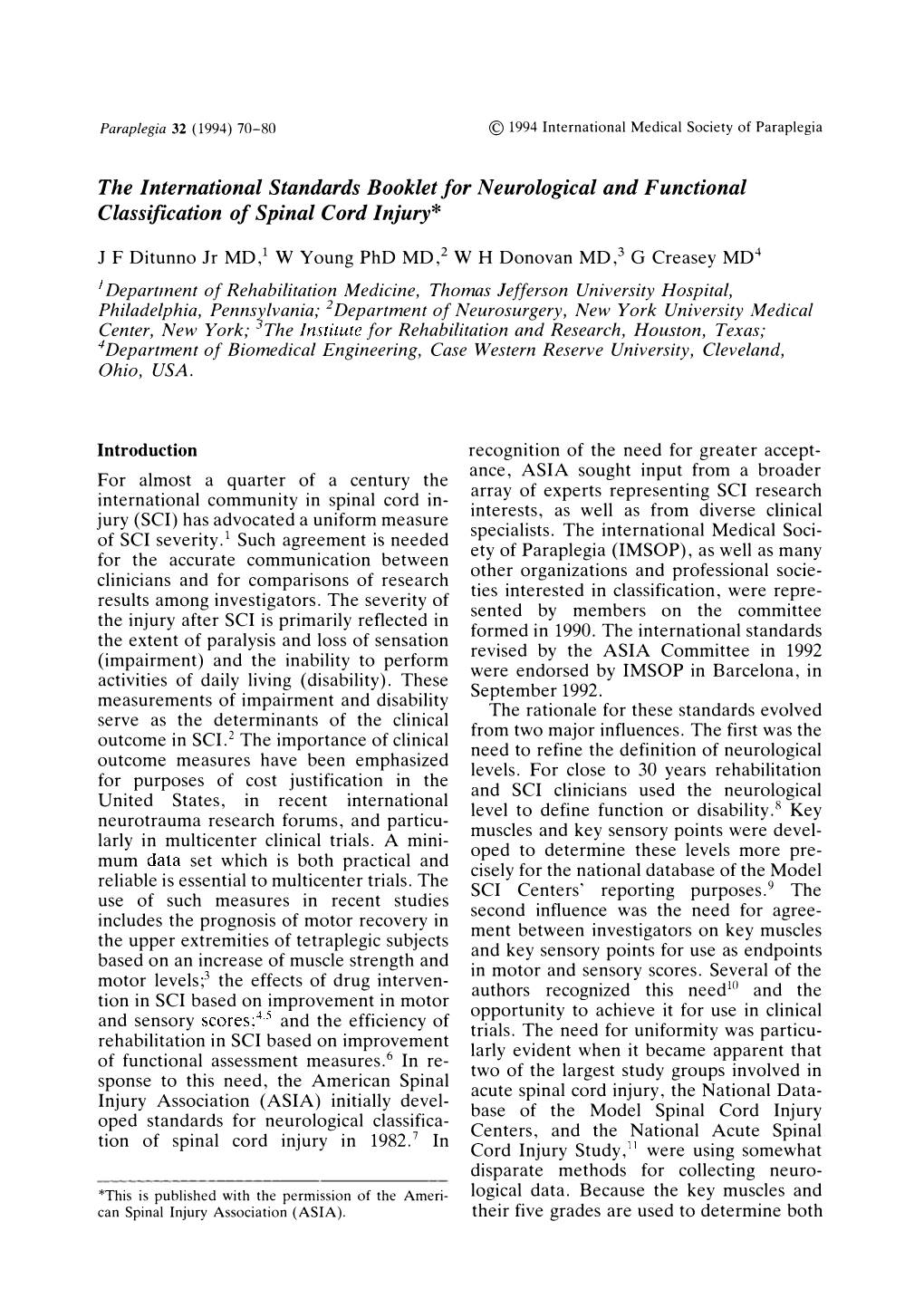 The International Standards Booklet for Neurological and Functional Classification of Spinal Cord Injury*