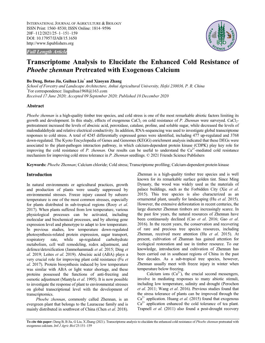 Transcriptome Analysis to Elucidate the Enhanced Cold Resistance of Phoebe Zhennan Pretreated with Exogenous Calcium