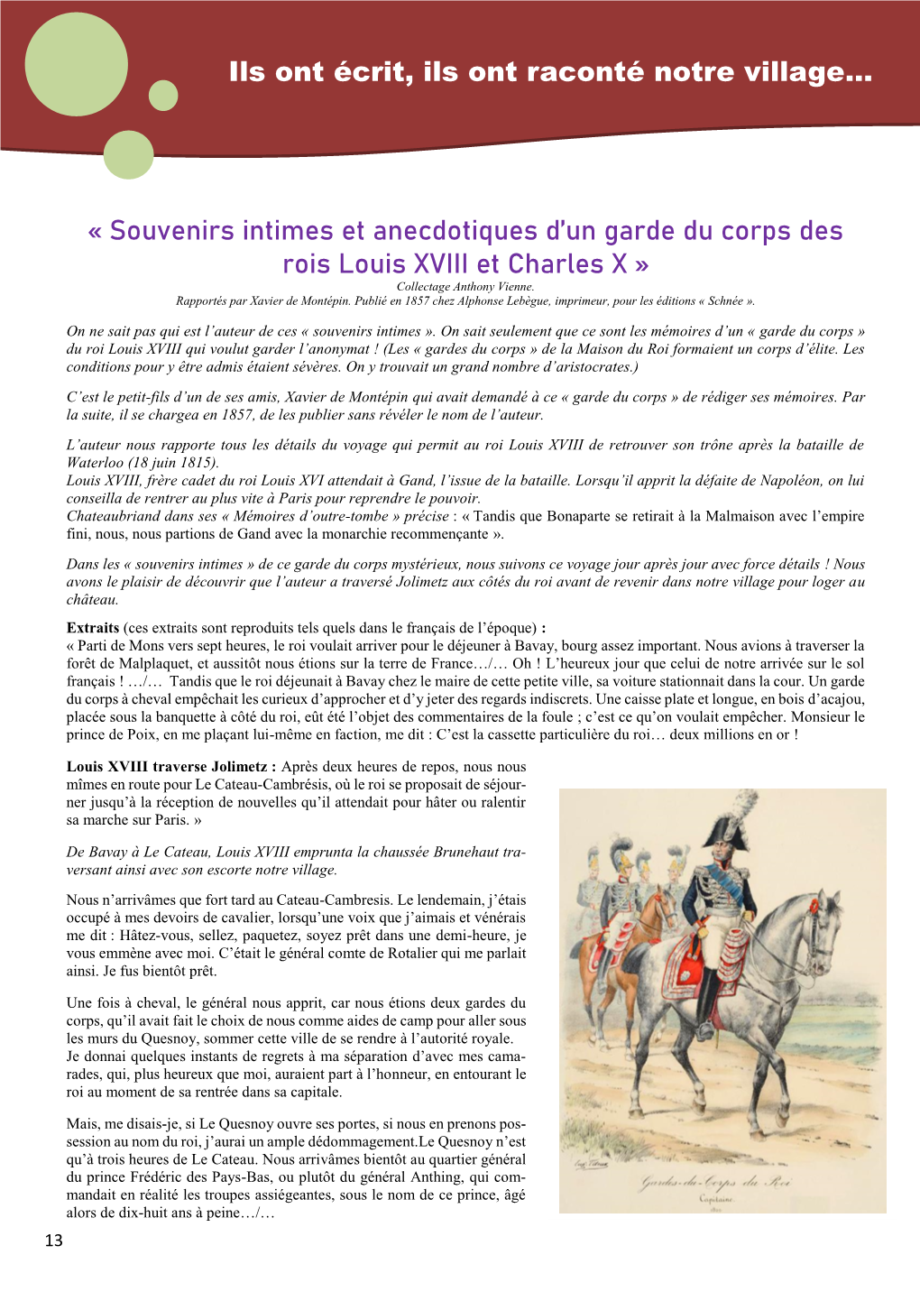 « Souvenirs Intimes Et Anecdotiques D'un Garde Du Corps Des Rois Louis